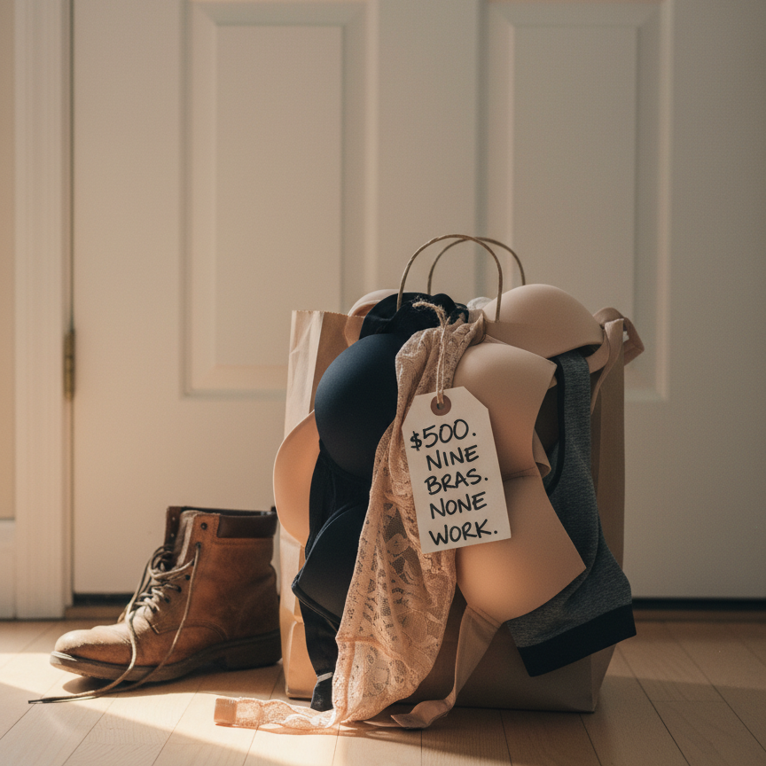 A Goodwill bag with a tag reading $500, nine bras, none work